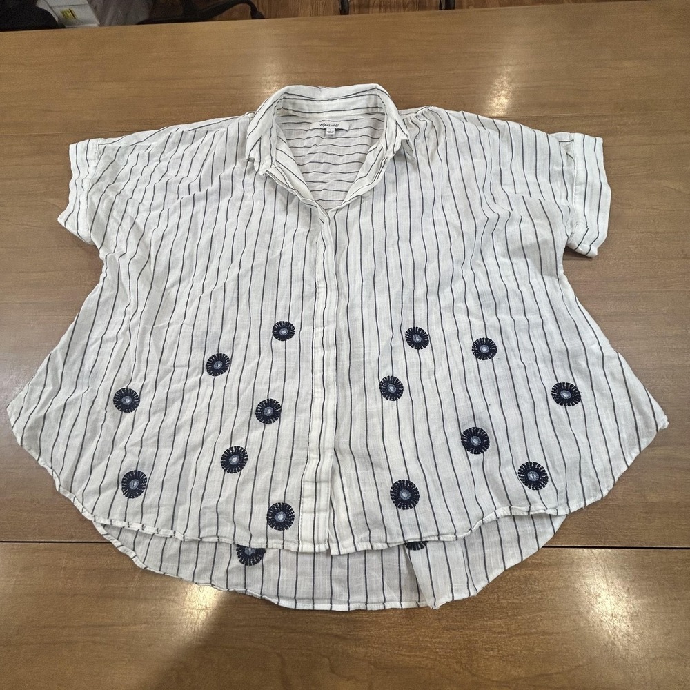 Madewell Shirt‎ Womens Small White Stripe Embroidered Dolman Short Sleeve Top
